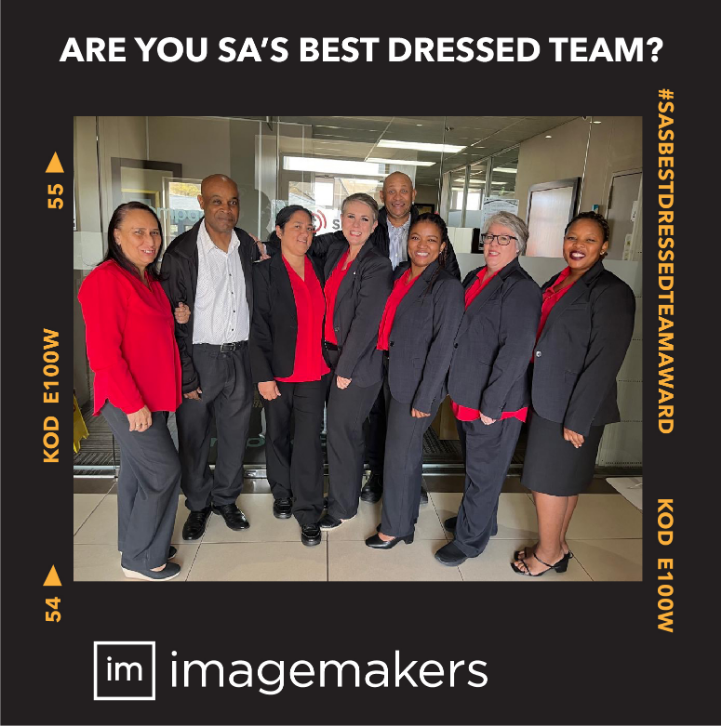 Ladies and Men at the Empact Supercare Team wearing Dark Charcoal Corporate Blazers and Red Tops by Imagemakers