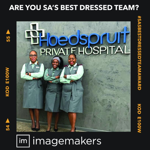 Hoedspruit Private Hospital Team Wearing Imagemakers Uniforms and Work Clothes - Platinum Grey Dresses and Sage Green Shirts
