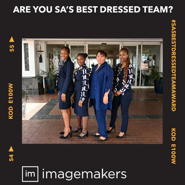 Staff in Ladies Corporate Wear at Country Club Johannesburg Dressed in Zigzag Print Tops and Navy Suiting by Imagemakers